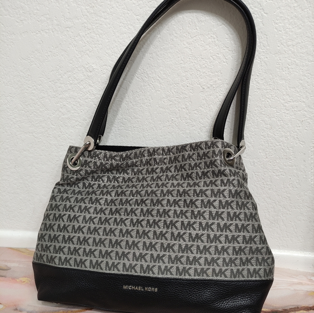 Michael Kors Black and Gray Shoulder Bag with Monogram Pattern